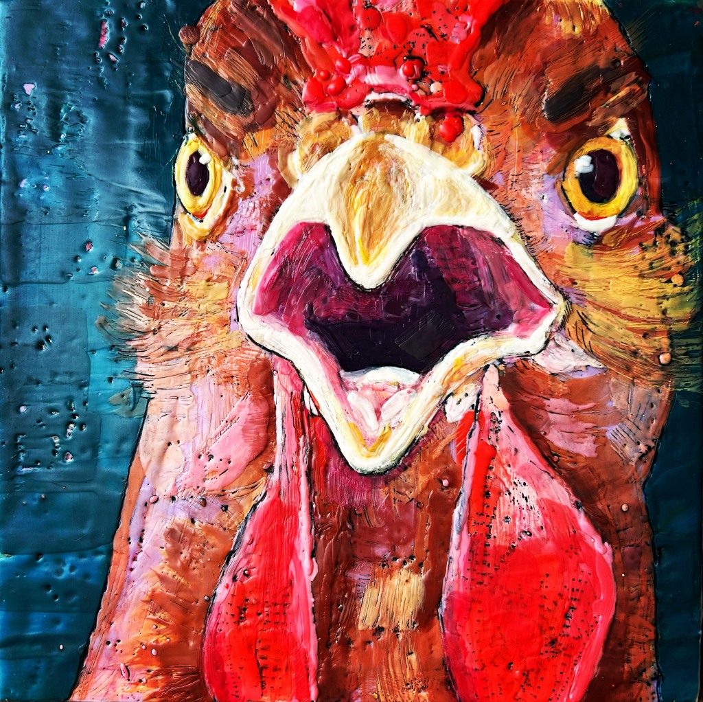 artist rendition of a loud chicken by Mandy Russell.  The Painted Dog Studio, Brunswick Maine. Used by permission of artist.